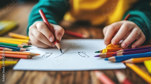 Close-up of small hands holding colored pencils, drawing on white paper, with a wooden table as the background for the creative scene