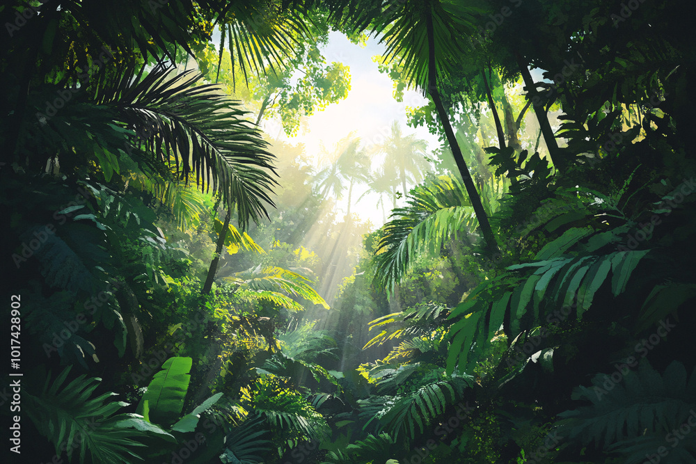 Naklejka premium lush green tropical jungle sunlight rays - watercolor painting