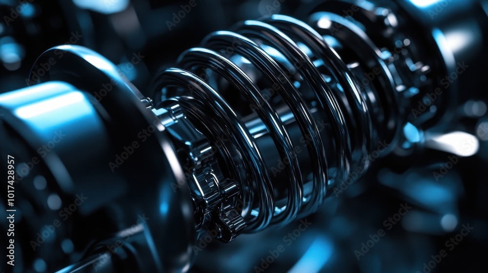Close-up view of a car suspension system with spiral and curve design elements, featuring sleek black and indigo colors, perfect for auto repair visuals Close-up view of a car suspension system with spiral and curve design elements, featuring sleek black and indigo colors, perfect for auto repair visuals