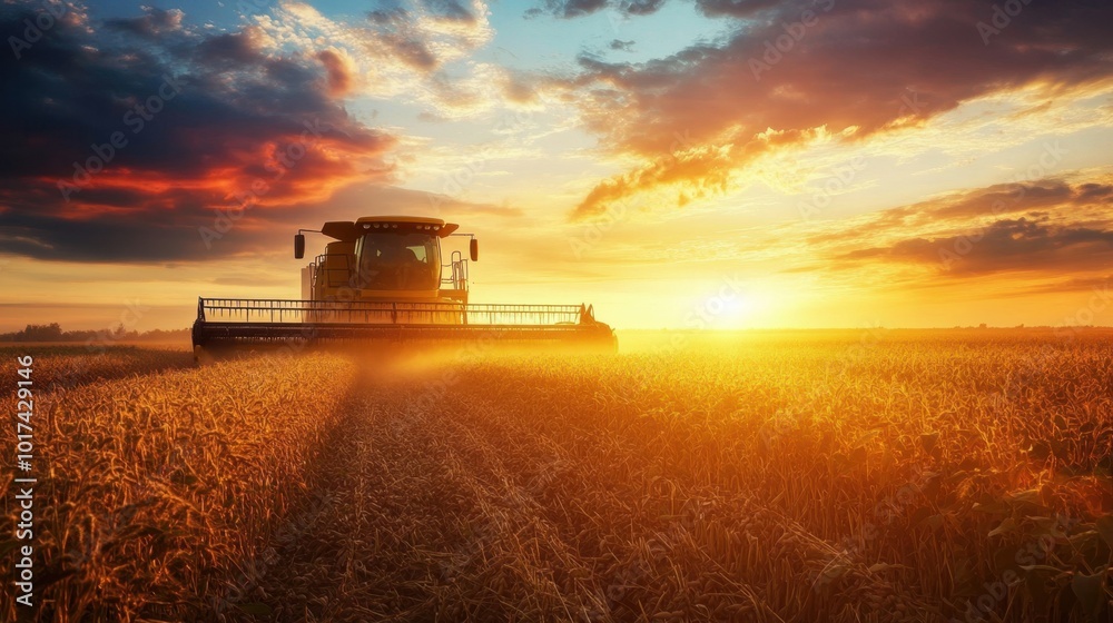 Fototapeta premium Combine harvester harvesting soybeans in the fall season, against a beautiful sunset sky, showcasing the farm in full operation