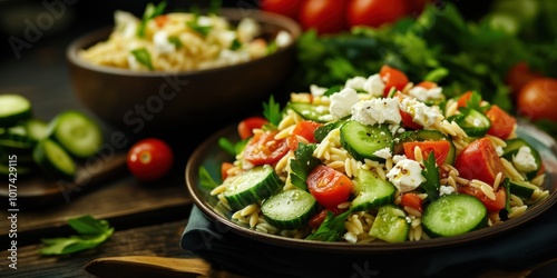 a bowl of pasta salad with tomatoes and cucums