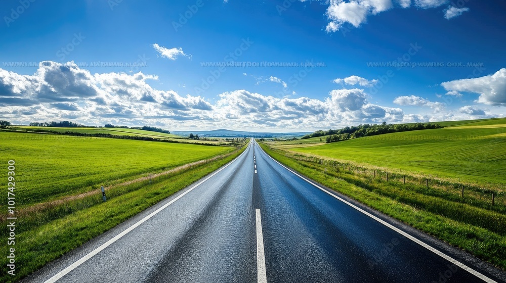 Fototapeta premium Scenic Road Through Green Fields Under Blue Sky