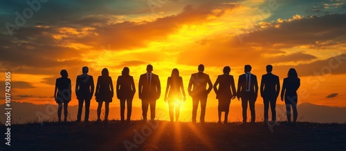 Silhouettes of a group of business people standing together in a field, watching the sunset.
