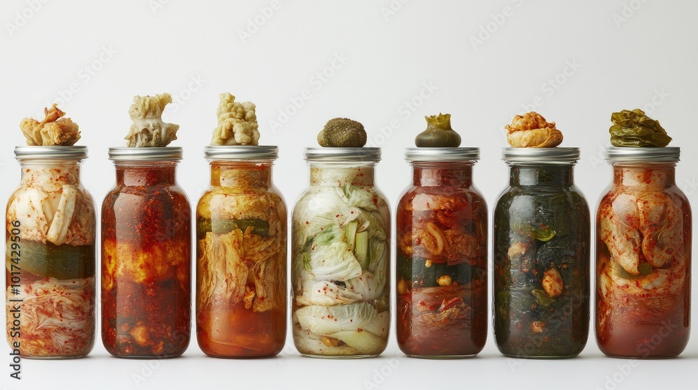 Assorted Fermented Vegetables in Glass Jars Assorted Fermented Vegetables in Glass Jars