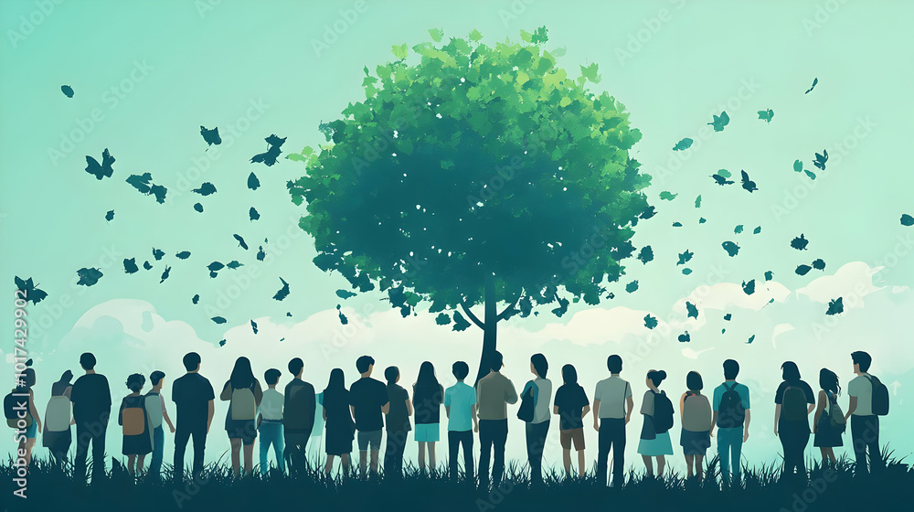 Naklejka premium A group of people stand in a field and look up at a large tree, symbolizing growth