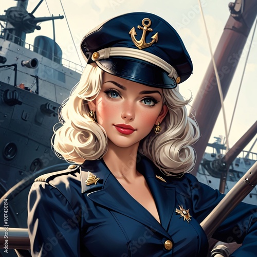 Beautiful Woman in Navy Captain Uniform with Anchor on Ship Deck photo