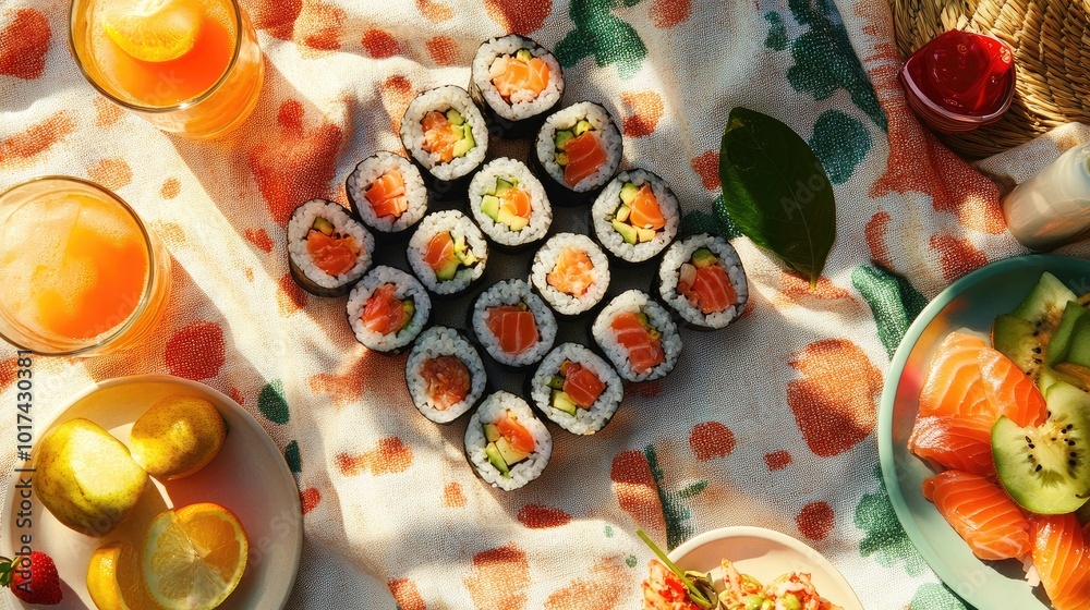 Colorful Sushi Spread on a Picnic Blanket Colorful Sushi Spread on a Picnic Blanket