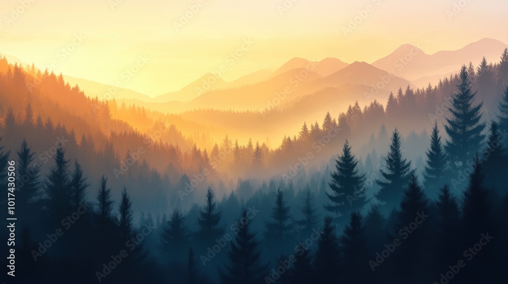 Early morning mountain landscape at sunrise, foggy valleys and forested silhouettes creating a serene and peaceful scene Early morning mountain landscape at sunrise, foggy valleys and forested silhouettes creating a serene and peaceful scene