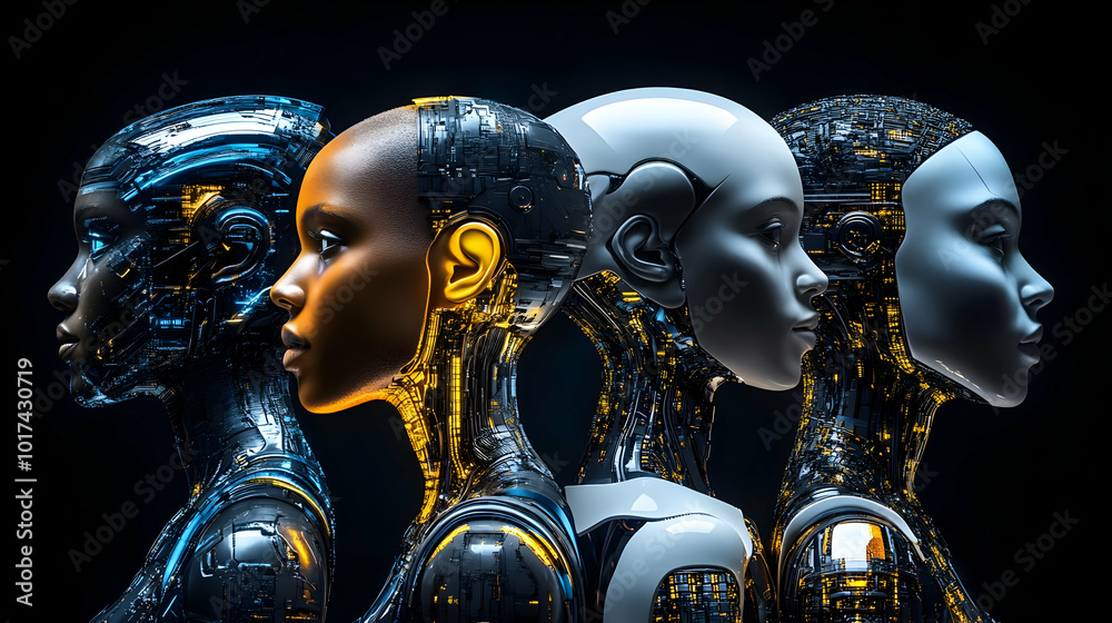 Fototapeta premium Four Advanced Cyborg Heads with Intricate Exposed Circuitry on Dark Background