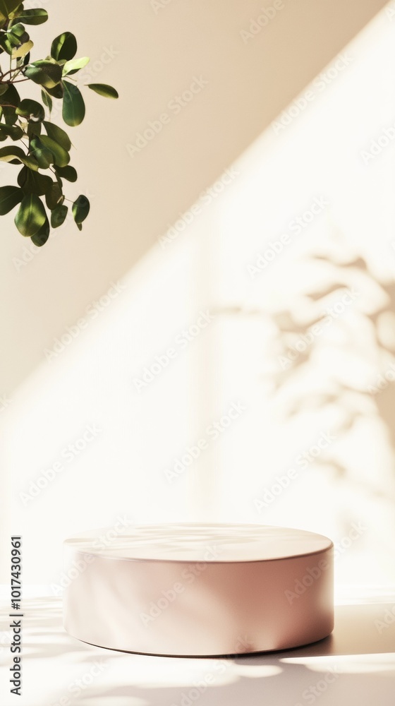 Minimalist Pastel Pink Podium in Bright Soft Lighting with Natural Leaf Shadows Minimalist Pastel Pink Podium in Bright Soft Lighting with Natural Leaf Shadows