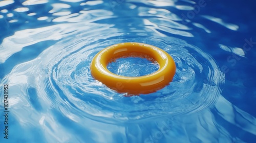 A yellow ring float in the middle of a blue swimming pool, gentle ripples forming around it. photo