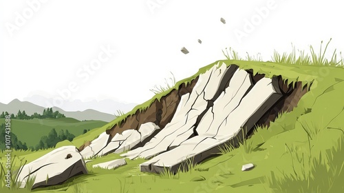 Erosion of a hillside with exposed rock layers and grass photo