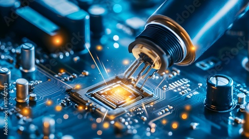 Close Up of Soldering a Microchip on a Motherboard.