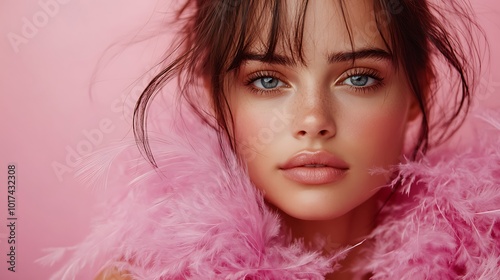 Young woman with blue eyes and a pink feather boa looking at the camera.