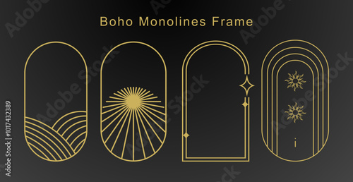 Abstract boho monoline frame collection with celestial elements for modern designs

