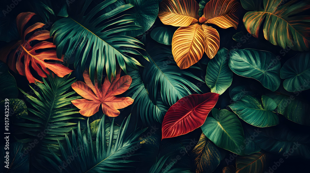 Exotic Tropical Leaves Are Arranged On A Dark Background For Design Exotic Tropical Leaves Are Arranged On A Dark Background For Design