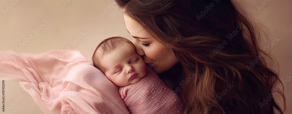 A mother holding her newborn baby wrapped in pink fabric, close-up of the woman's face and body with long brown hair. A mother holding her newborn baby wrapped in pink fabric, close-up of the woman's face and body with long brown hair.