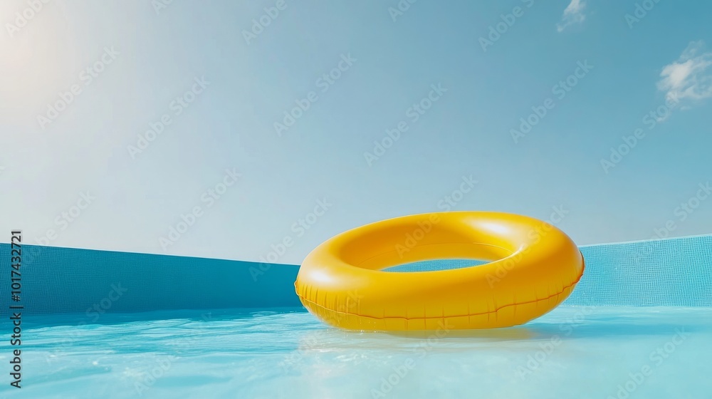 Vibrant yellow ring float bobbing in a blue swimming pool, summer fun under a clear sky Vibrant yellow ring float bobbing in a blue swimming pool, summer fun under a clear sky
