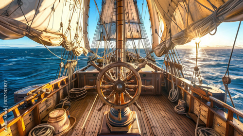 View of the deck from behind the ships wheel on an old pirate sailing ship in open sea on sunny day .