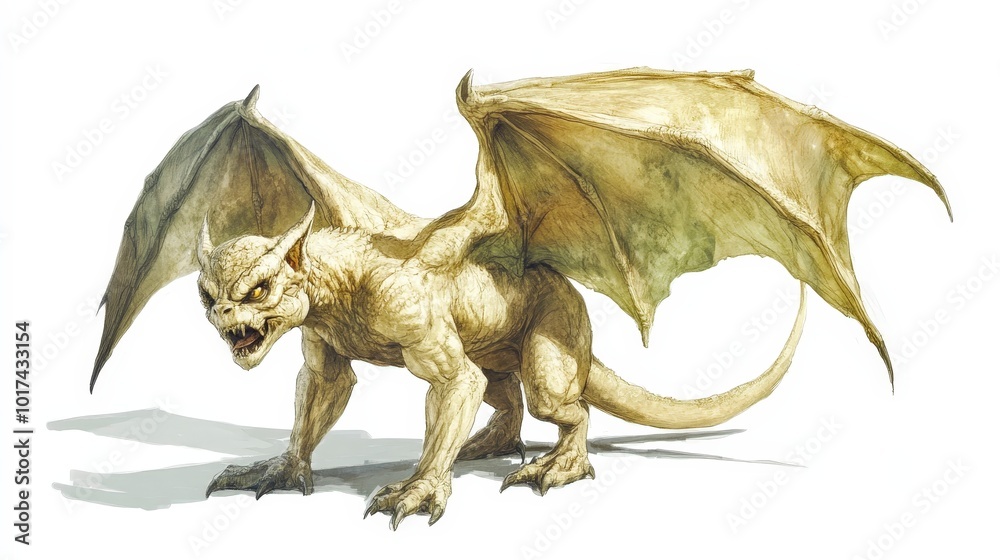 Mythical dragon standing with large wings and fierce expression Mythical dragon standing with large wings and fierce expression