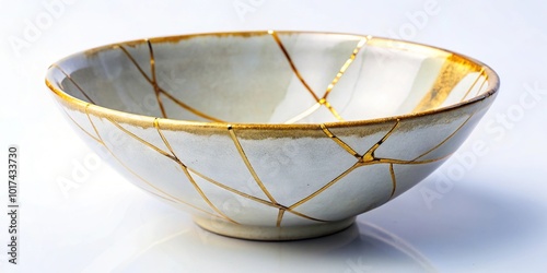 Asymmetrical kintsugi ceramic bowl repair with gold seams photo