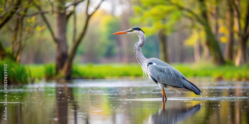 Asymmetrical grey heron standing in swamp area floodplain forest Asymmetrical grey heron standing in swamp area floodplain forest