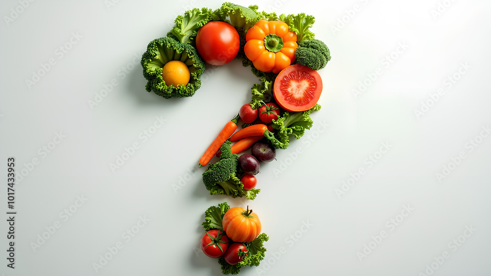 Question mark made by vegetables and fruits healthy food concepts Question mark made by vegetables and fruits healthy food concepts