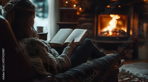 Woman reading a book by a fireplace