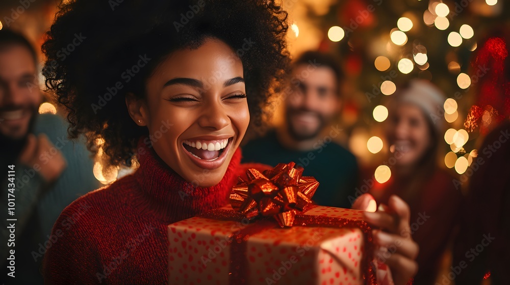 A Woman Joyfully Opens a Christmas Gift A Woman Joyfully Opens a Christmas Gift