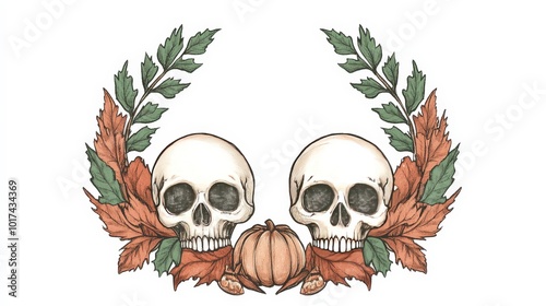 Two skulls surrounded by autumn leaves and a pumpkin illustration photo