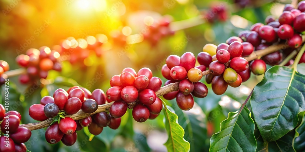 Asymmetrical coffee berries hanging on branch with morning sun shining Asymmetrical coffee berries hanging on branch with morning sun shining