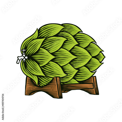 Colored illustration of a beer barrel combined with hops