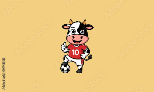 Cartoon cow in a red jersey playing soccer, number 10