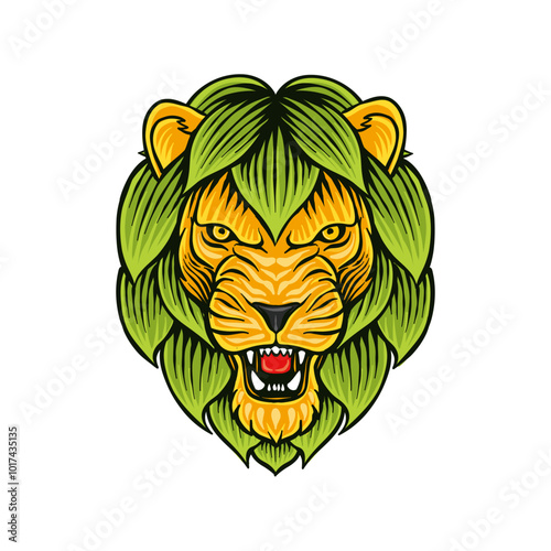 colored illustration of a lion's head combined with hops
