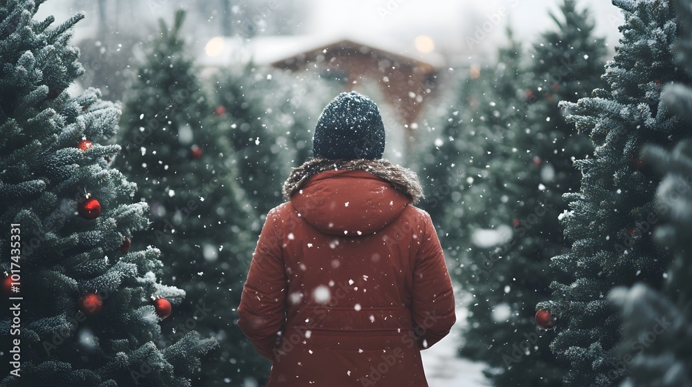 Person in Red Jacket Walking Through Snowy Christmas Tree Lot Person in Red Jacket Walking Through Snowy Christmas Tree Lot