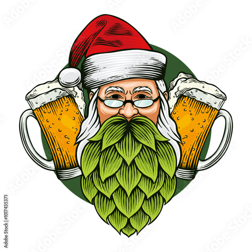colored illustration of santa with two glasses of beer and hops beard