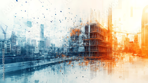 A digital illustration of an urban cityscape with a focus on a building under construction. The image uses cool and warm tones to create a sense of energy and progress.