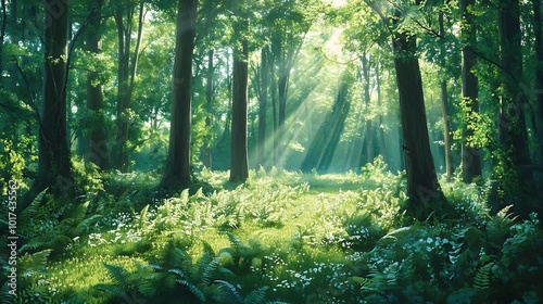 forest with tall trees and sunlight filtering through the leaves, creating a serene and peaceful atmosphere, with ferns and wildflowers scattered across the forest floor 