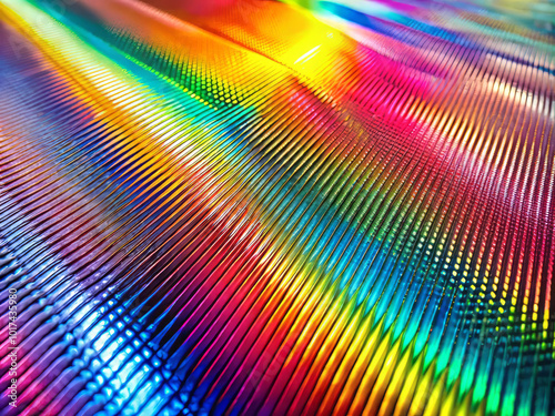 Colorful lenticular print texture with vibrant rainbow hues and dynamic patterns creates visually striking effect. interplay of light and color evokes sense of excitement and creativity photo