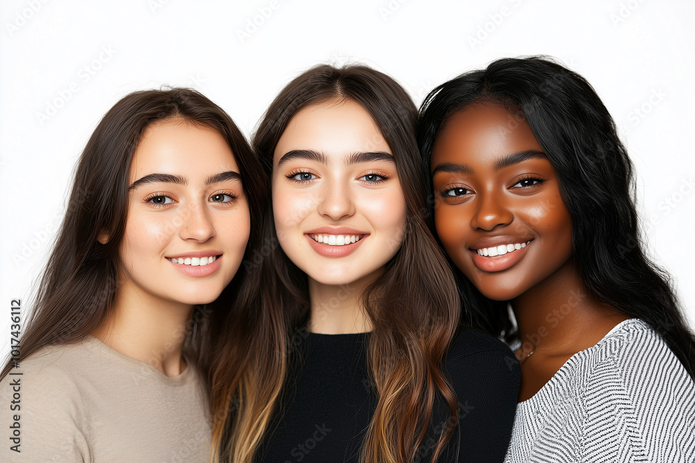 three young beautiful multiracial women standing together and smiling at the camera three young beautiful multiracial women standing together and smiling at the camera