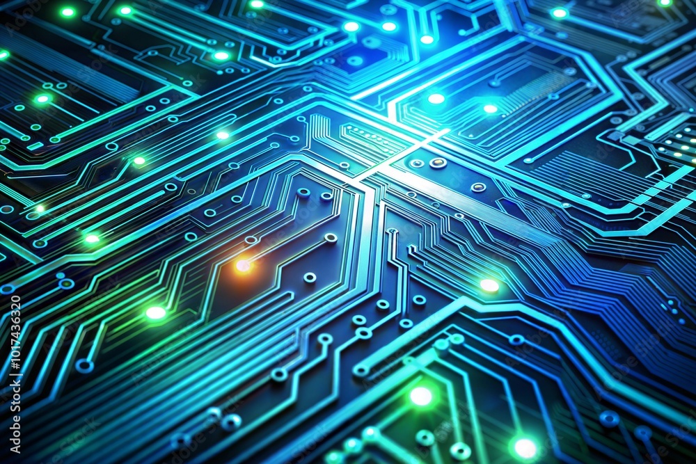 Close-up circuit board with blue and green glowing lights Close-up circuit board with blue and green glowing lights