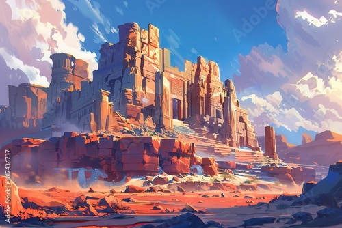 Ancient Stone Temple Ruins in a Desert Landscape