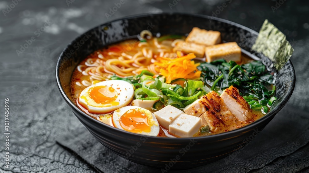Gourmet Chicken Ramen with Rich Broth and Tofu in Black Bowl on Slate Background Gourmet Chicken Ramen with Rich Broth and Tofu in Black Bowl on Slate Background