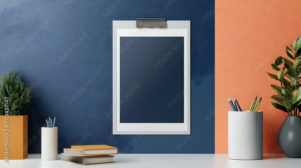 Obraz premium Blank Clipboard Mockup Hangs on a Two-Toned Wall Above a Tabletop