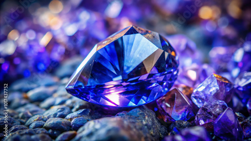 stunning macro shot of tanzanite gemstone, showcasing its vibrant blue and violet hues amidst backdrop of smaller purple crystals. intricate facets reflect light beautifully, creating mesmerizing