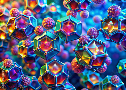 Colorful quantum dot nanocrystals create vibrant and intricate display, showcasing their unique geometric shapes and vivid hues. This macro view highlights beauty of nanotechnology photo