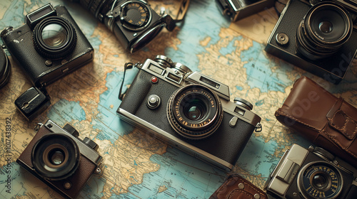 Vintage cameras on a world map with leather cases