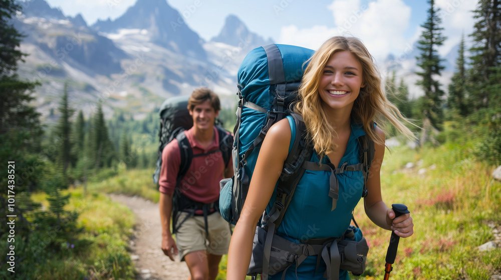 Two smiling hikers with backpacks walking on a scenic mountain trail Two smiling hikers with backpacks walking on a scenic mountain trail