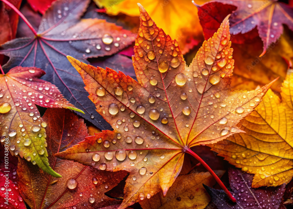 Vibrant autumn leaves with dewdrops create stunning close up display of natures beauty. rich colors and textures evoke sense of tranquility and seasonal change Vibrant autumn leaves with dewdrops create stunning close up display of natures beauty. rich colors and textures evoke sense of tranquility and seasonal change