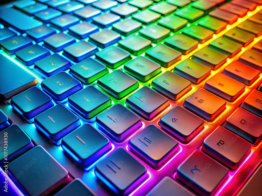 Obraz premium Colorful computer keyboard backlighting creates vibrant and dynamic atmosphere, enhancing user experience with its rainbow hues. illuminated keys add modern touch to any workspace